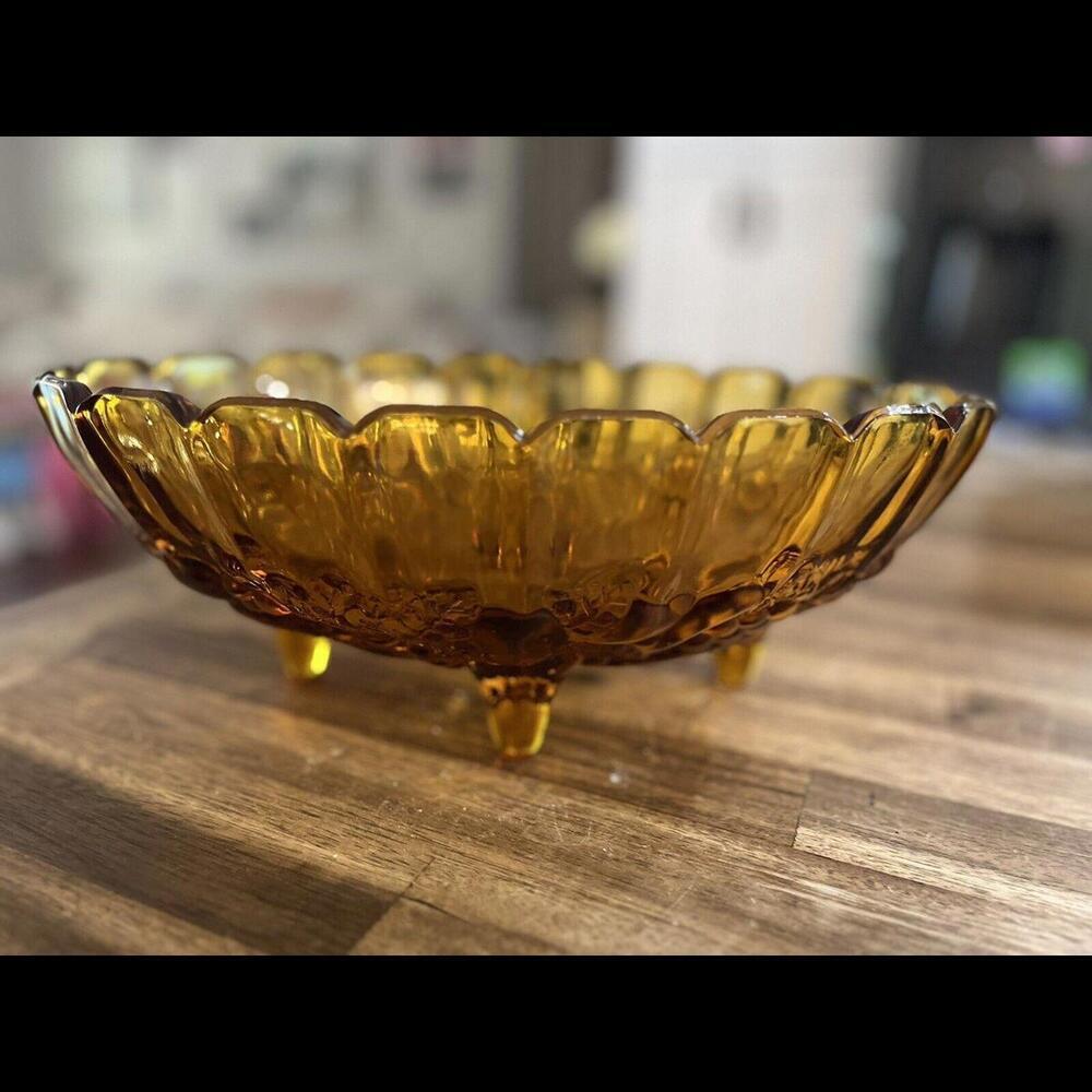 Vintage‎ Amber Indiana Glass Garland Amber Large Footed Bowl Embossed Fruits